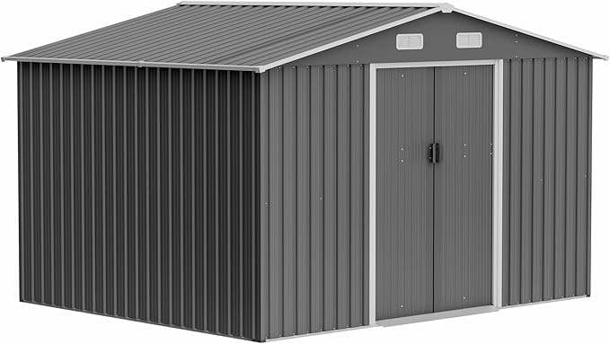 Spacious 10X8 FT Outdoor Storage Shed, All Weather Metal Sheds with Lockable Doors, Tool Shed for Garden, Patio, Backyard, Lawn, Black