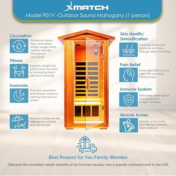 Saunas 901V Far Infrared Sauna, Outdoor Wooden Dry Sauna Low EMF (Outdoor/ 1P /Mahogany)