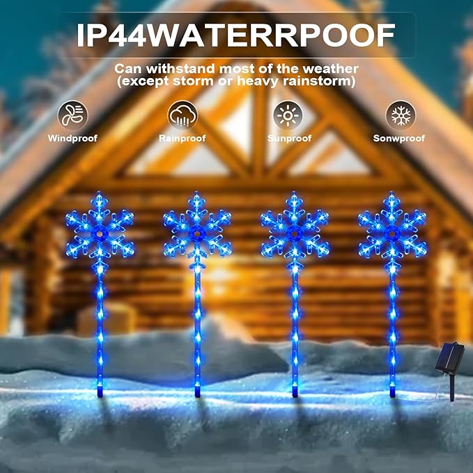 Solar Christmas Pathway Lights Outdoor Decorations, Solar Powered Snowflake Lights, Waterproof Xms Garden Stake Lights Outdoor Christmas Decorations for Patio Yard Porch Lawn, 4 Pack(Blue)