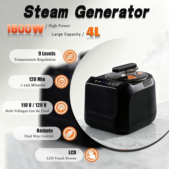 Portable Home Sauna Steam Machine with Remote Control - 1600w 4l Upgrated Fast-Heating System, 9-Level Adjustable Steam & 120-Min Timer, for Home Spa Sauna Accessories