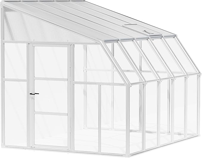 Palram Canopia Rion Sun Room 8 Ft. x 12 Ft. Solarium, Lean-To Greenhouse DIY Kit, Attach to House, Large Twin Wall Polycarbonate, 100% UV Protection For Porch, Patio Outdoors with Window Vent (White)