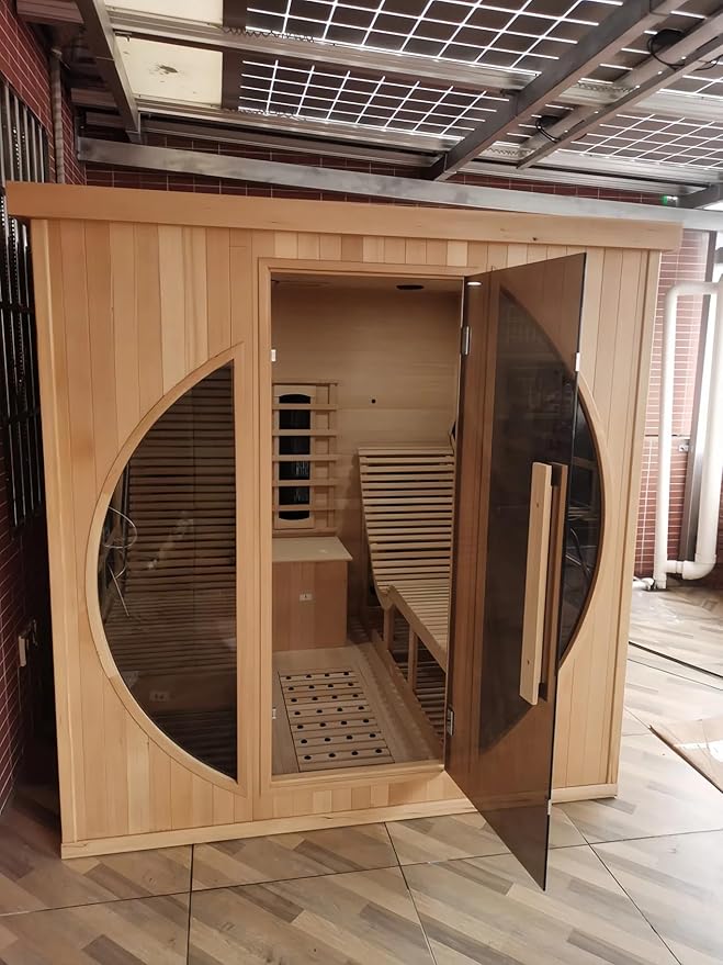 Far Infrared Wooden Sauna, Luxurious Canadian Hemlock Sauna with 2 Oversize Recliners, 220V, 3400 W, 9 Heating Element, Bluetooth Speakers, 7 Color Light, Oxygen Bar-Fast Delivery