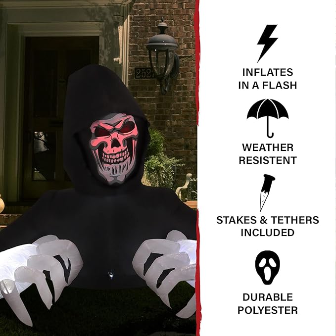 Haunted Hill Farm 5-ft. Reaper Blow Up Decoration with Lights, Halloween Outdoor Decorations for Patio and Yard, Giant Spooky Holiday Inflatable Decor