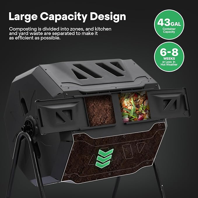 Athena Collection Compost Tumbler, 43 Gallons Dual Composter Chamber Outdoor, Easy Turn & Fast Rotating Compost Bins with 2 Sliding Doors, Easy Assembly, for Garden, Yard and Outdoor Use