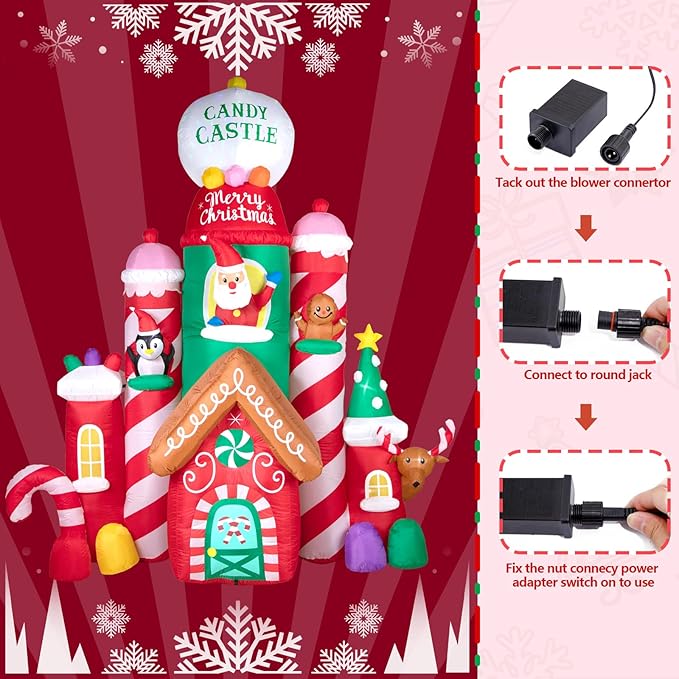 Hioasis 10 FT Christmas Inflatable Decorations,Gaint Candy Castle Inflatable with Santa,Reindeer,Penguin,Gingerbread - Blow Up Yard Outdoor Decorations with LED Lights Built-in,Perfect for Christmas