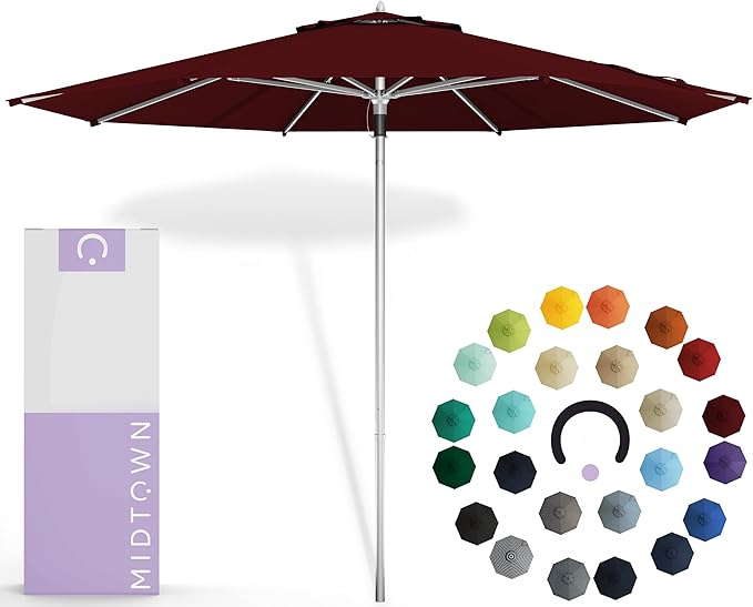 Midtown Umbrellas Push Pop Sunbrella Umbrella 10 Feet Large Outdoor Umbrella With Burgundy Acrylic Fabric - Deck Patio Umbrella, Backyard Umbrella, Garden Umbrella & Pool Umbrella - Black Pole