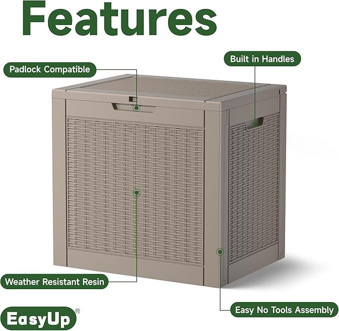 EasyUp 30 Gallon Outdoor Storage Box, Resin Waterproof UV-Resistant Deck Box, Reinforced Stability for Patio, Garden, and Poolside, Rattan Gray