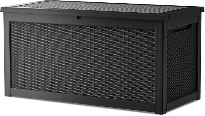 320 Gallon Deck Box, Resin Outdoor Indoor Waterproof Storage Box, Lockable Storage Box With Handle for Patio Furniture - Garden Tools - Swimming Pool Tools UV-Resistant - Black