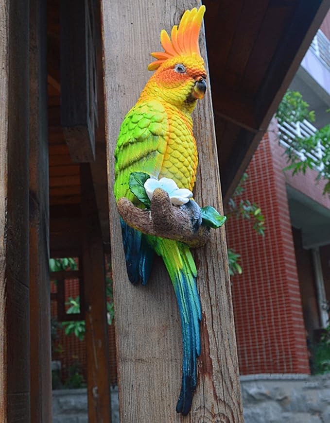 Coolboy Parrot Figurine - Outdoor Resin Bird Decoration, Flapping Macaw Bird Tropical Decor Wall Sculpture, Polyresin, Yellow