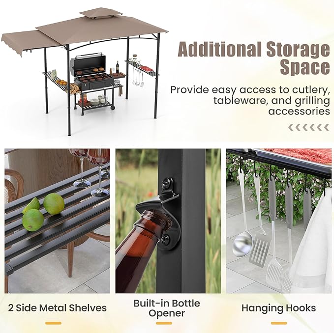 HAPPYGRILL Outdoor Grill Gazebo Canopy 11 x 5 FT, Barbecue Canopy with Double-Tiered Top, 2 Side Shelves, Hanging Hooks, Bottle Opener, Metal Frame, BBQ Grilling Shelter