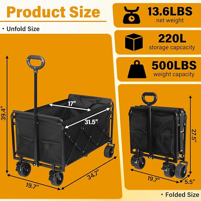 Yobller Wagons Carts Foldable,Large Capacity Foldable Wagon Cart Collapsible Wagon with Wheels & Drink Holders,Utility Folding Cart for Camping Garden Grocery Shopping