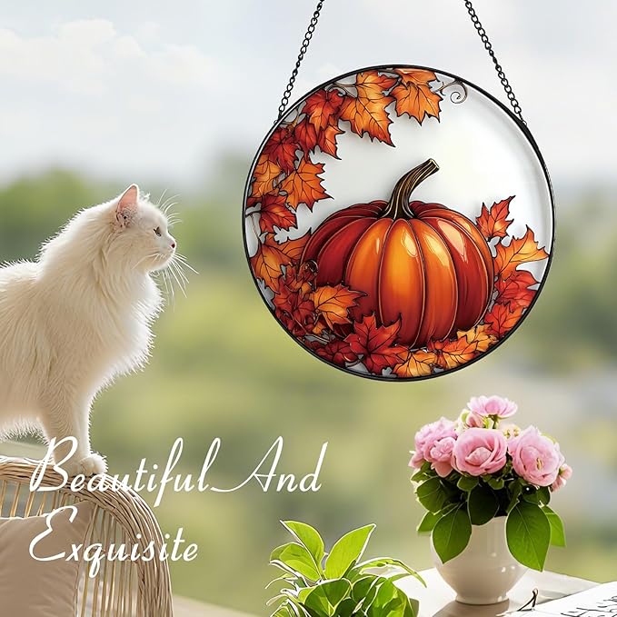 Pumpkin Maple Leaf Suncatcher -7.9 in Stained Glass Window Hanging Sun Catcher Garden Decor