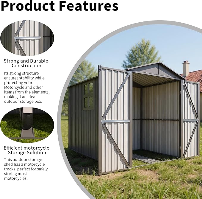 5.5x10FT Motorcycle Outdoor Storage Shed with Window, Lockable Steel Shed for Motorcycle, Heavy-Duty Weather-Resistant, 66.2" L x 121" W x 79.7" H, Grey – Easy Assembly