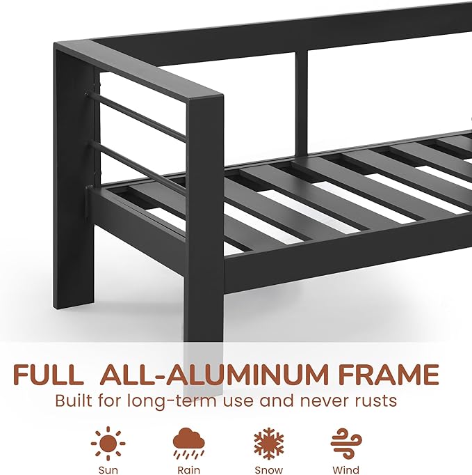 Solaste Aluminum Patio Furniture Set for All Weather, Modern Metal Outdoor Furniture Set with 27.5" Deep Seating and 3.2" Wide Armrest, Outdoor Patio Conversation Set with 5" Cushion, Black and Blue