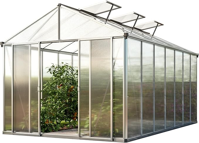 Greenhouse Rubin 7 Aluminum Frame 8.6 x 14.6 ft with Approx. 10 mm Polycarbonate Panels - with 2 Extra Skylights and 4 Automatic Window Openers