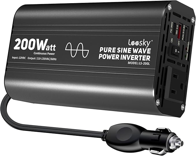 Pure Sine Wave Car Inverter 200 Watt 12V DC to 110V 120V AC Car Power Inverter Converter with 30W PD USB-C & QC3.0 USB-A Fast Charging for Vehicle Truck RV by Leesky