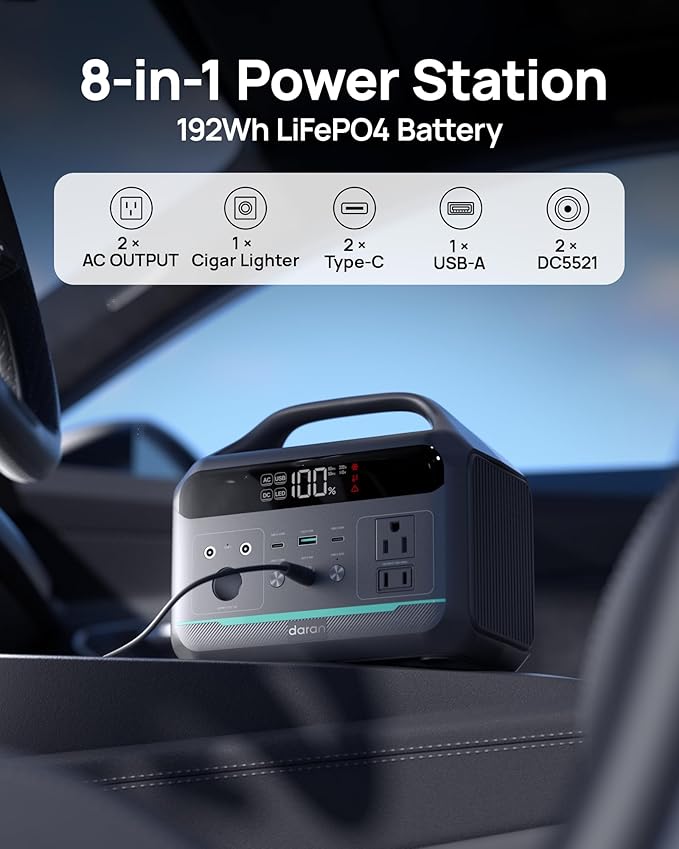 DaranEner Portable Power Station 300W (600W Surge), 192Wh Solar Generator LiFeP04 Battery with 2 AC Outlets, 60W PD Fast Charging Power Bank for Home Use, Outdoors Camping, Emergency, RVs, Outage