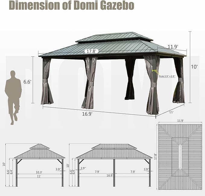 Domi 12’ x 18’ Hardtop Gazebo Metal Frame Canopy with Netting & Curtains, Outdoor Permanent Metal Pavilion with Galvanized Steel Double Roof for Patio Lawn and Garden, Gray