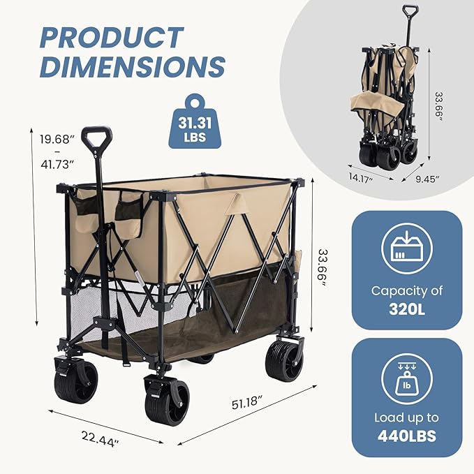 DUMOS Large Capacity Folding Double Decker Wagon with Brakes, 440 lbs Wagons Carts Foldable Wagon Cart with Flexible Handle, All-Terrain Big Wheels for Grocery Sports Garden Camping