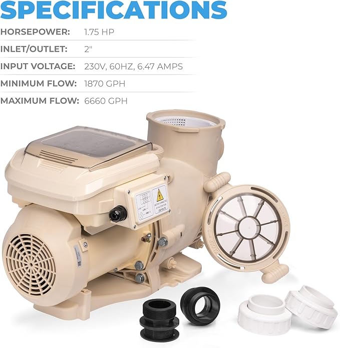 XtremepowerUS 1.5 HP Variable Speed Swimming Pool Pump 230V, In-Ground Pool, 6,660 GPH High Performance Max 1.75HP