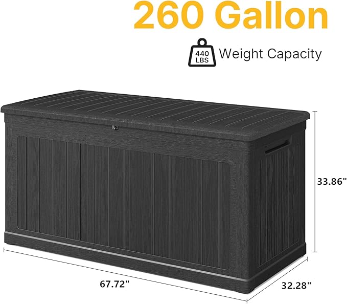 260 Gallon Deck Box Lockable, Outdoor Storage Box Waterproof and UV Resistant, Large Patio Storage Box with 1000 lbs Capacity, for Garden, Patio Furniture, Pool (Black)