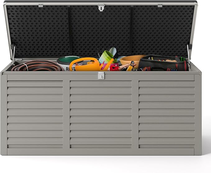 HUGROVE Resin Deck Box, 130 Gallon Outdoor Storage Box with Lockable Lid, Waterproof Patio Storage for Garden Tools & Outdoor Accessories (Dark Black) (Light Gray)