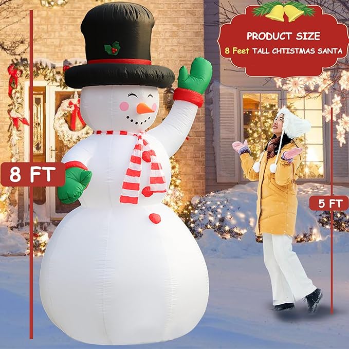 8FT Blow-Up Snowman Happiness Waves at You, Large Inflatable Christmas Outdoor Decor IP44, Blow up Snowman with Built-in 2 LEDs ＆ Colorful Flashing Light,Inflatable Snowman for Yard/Party/Xmas Gift