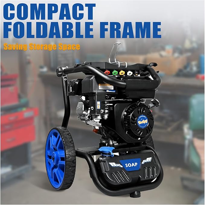 TOOLCY Gas Pressure Washer 3400 PSI & 2.8 GPM Max, High-Powered 212cc Engine, Enhanced Pump, 50FT Pressure Hose, Onboard Soap Tank, Foldable Handle, Kink-Less Swivel Spray Gun & 5 Nozzle Tips