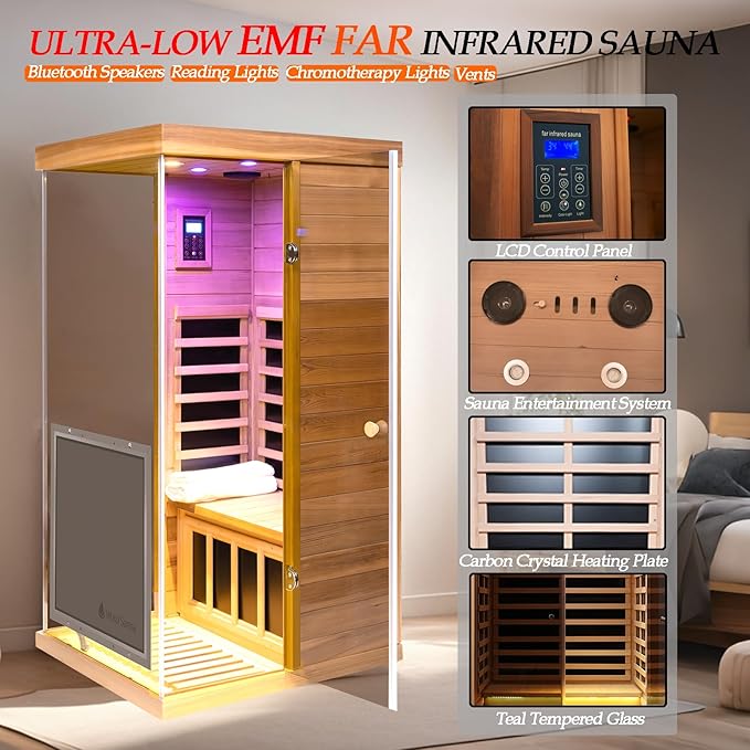 Red Cedar Dry Sauna for Home, Low EMF Far Infrared Indoor Sauna 1 Person 1100W/120V with 6 Carbon Panel Heater & LCD Control Panel & Bluetooth Audio & Chromotherapy Lights & 270° Panoramic Vision