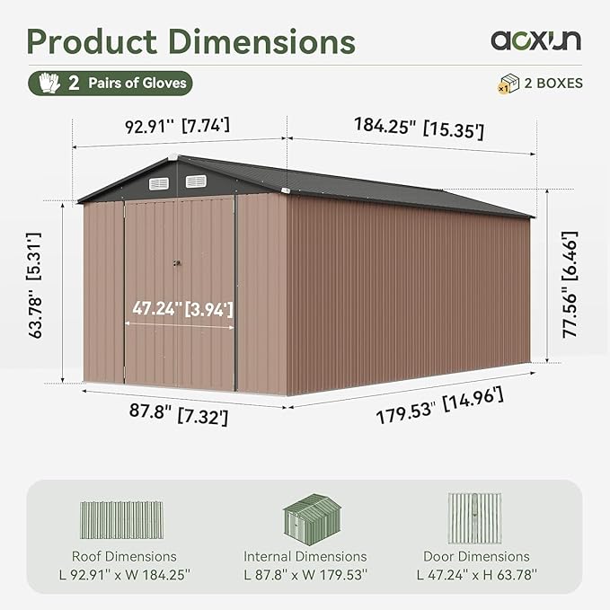 Aoxun 8x15FT Shed Outdoor Metal Storage Shed with Galvanized Steel, All Weather Garden Shed with Sloped Roof & Lockable Double-Hinged Door for Garden, Backyard, Patio (Brown)