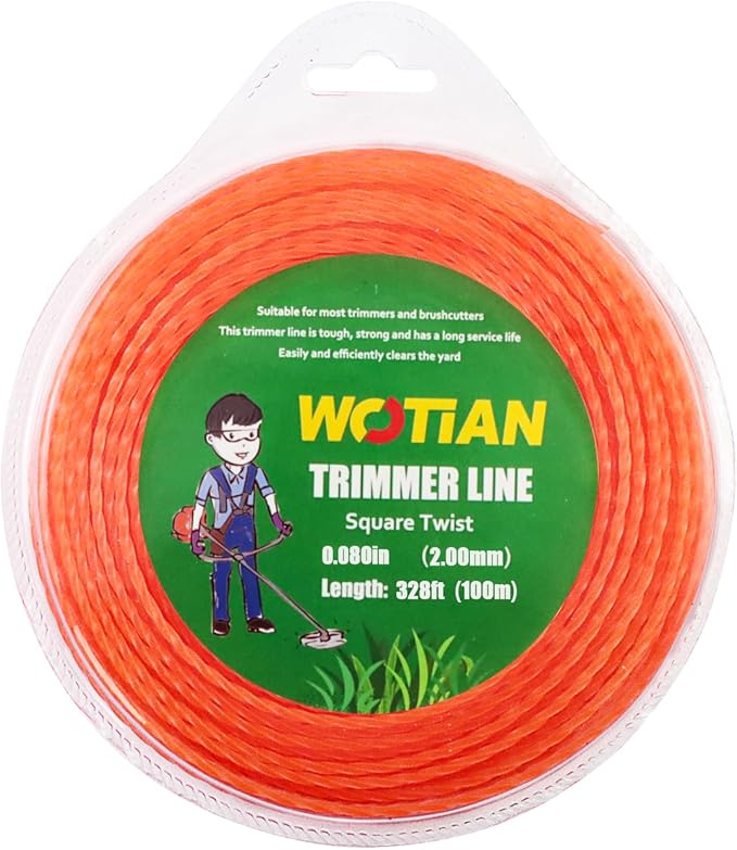 WOTIAN 080 Square Twisted Trimmer line 0.080-Inches Weed Eater String 328-Foot Square Twist Weed Wacker String of Nylon Compatible with Stihl Echo Universal Grass Cordless Electric Trimmer,Orange