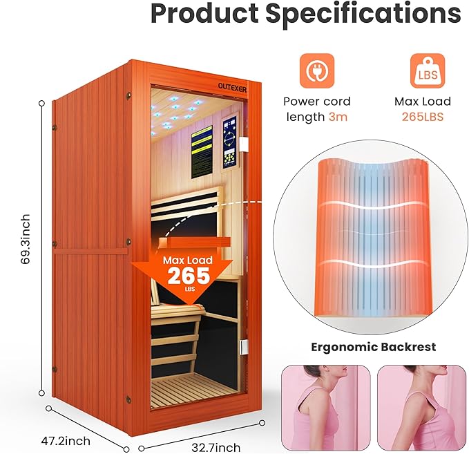 Infrared Sauna 1495W Wooden Saunas Spa Room Pacific Clear Cedar Wood Single Person Indoor Saunas with Special Shaped Comfortable Backrest 32.68 * 47.24 * 69.29 Inch