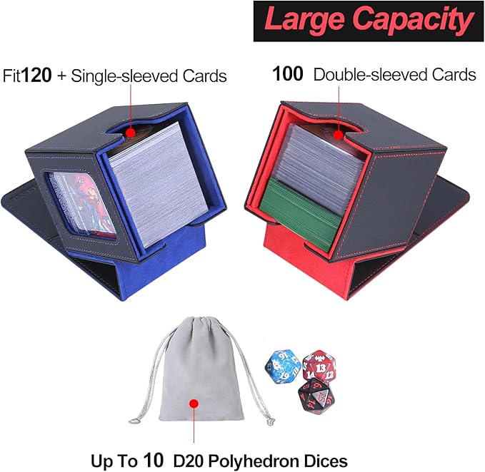 AFIING MTG Deck Box for Commander Display,Card Deck Box Fits 100 Double Sleeved Cards, Magic Commander TCG Storage Box with 2 Dividers,Drawstring Bag and 1 Toploader(Black/Blue)