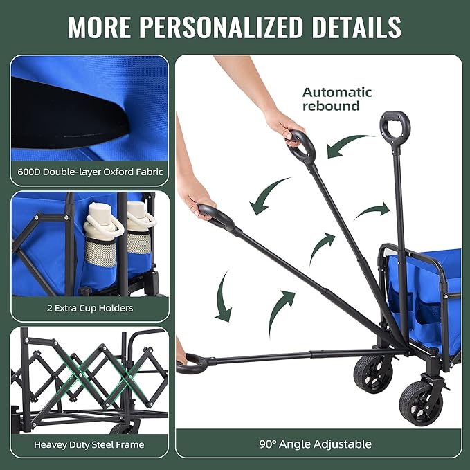 40'' Extra Long Collapsible Wagons Carts Foldable, 360LBS Foldable Wagon Cart with Wheels, Heavy Duty Portable Utility Wagon for Grocery, Shopping, Sports Garden & Camping - Navy Blue