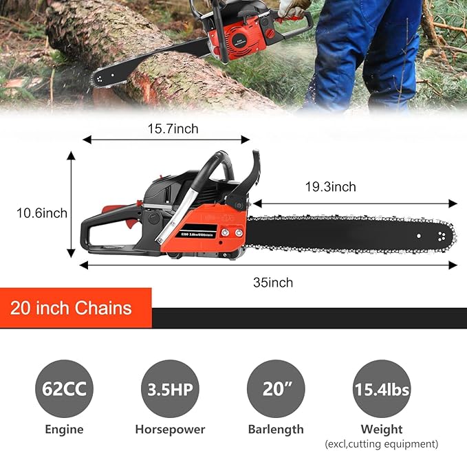 COOCHEER 62CC Gas Chainsaw 20 Inch Gasoline Powered Chain Saws 12000r/min 3.5 HP 2-Cycle Power Chain Saw Cordless Gas Powered Chainsaw with 2 Chains for Tree Branches Wood Cutting