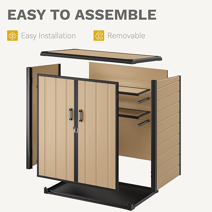 DWVO 51 cuft Outdoor Storage Shed with 2 Shelves, Weatherproof Vertical Tool Shed with Floor & Lockable Doors, Sturdy Double-Wall Plastic Cabinet for Garbage Cans and Garden Equipment (Brown)