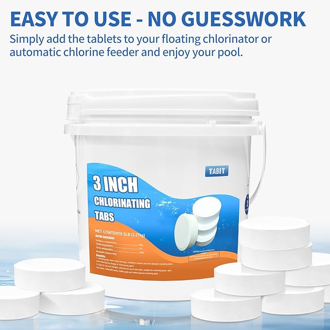 Chlorine Tablets 3 inch 5 Pounds, TABIT Swimming Pool Long Lasting Chlorinating Tablets, Slow Dissolving, Tri-Chlor for Swim Pool, Hot Tubs, Spa