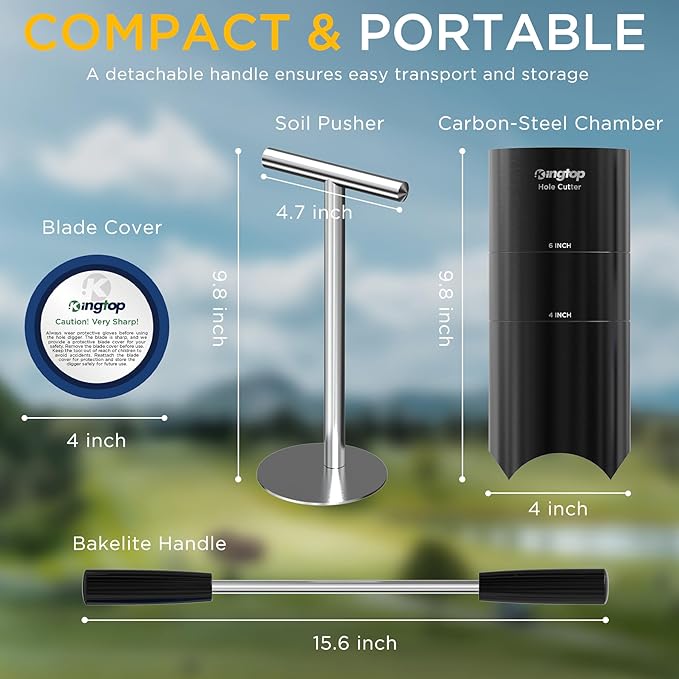 KINGTOP Portable Golf Hole Cutter – Detachable Handle, USGA Standard 4Inch & 6Inch Hole Digger – Backyard, Garden, Outdoor Golf Putting Green Practice