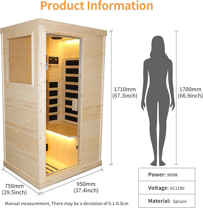 Far Infrared Wooden Sauna Room Home Saunas Spa Dry Saunas Single Person Spa Finland Spruce Wood fit for 7ft Person