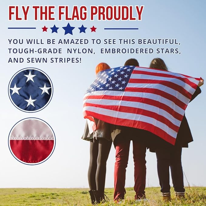 American Flag - Heavy-Duty US Flag - Embroidered Stars - Nylon USA Flag Built for Outdoors - Sewn Stripes - UV Protection - Brass Grommets (12x18 ft)