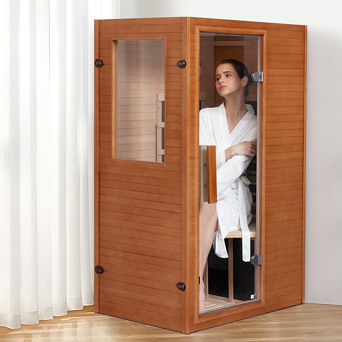 springspa Infrared Sauna Home Sauna, Indoor Far Infrared Saunas for Home, 1 Person Low Emf Canadian Hemlock Wooden Spa Room 950w, 110v with Control Panel