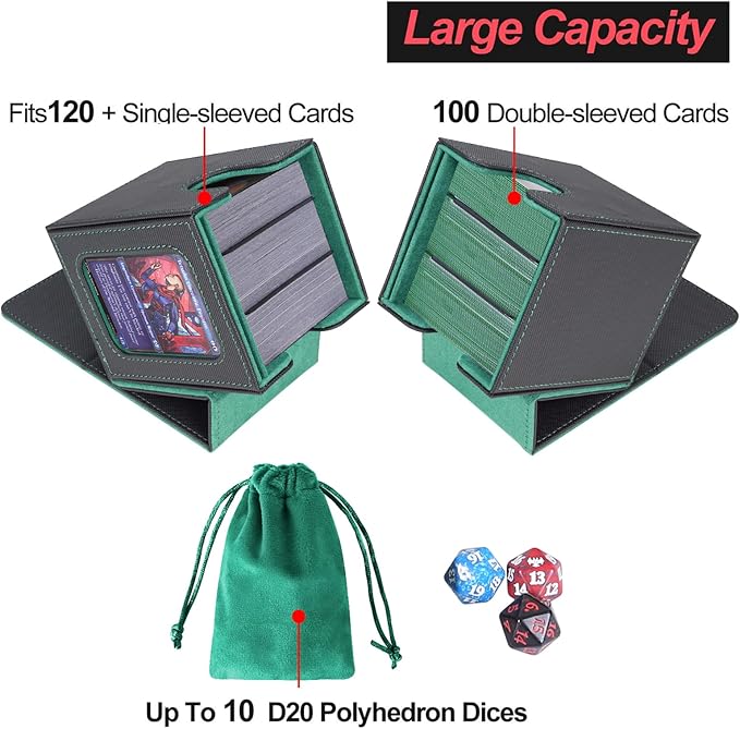 AFIING MTG Deck Box for Commander Display,Card Deck Box Fits 100 Double Sleeved Cards,Magic Commander TCG Card Storage Box with 2 Dividers,Dice Bag and Toploader Black Green