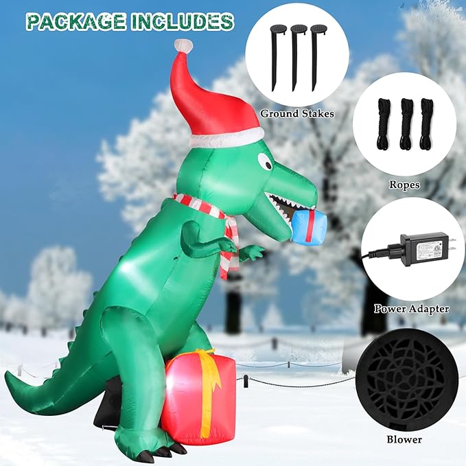 7FT Christmas Inflatables Dinosaur Outdoor Yard Decoration, Christmas Blow Up Giant Dinosaur Holding Gift Boxes with Built-in Bright LED Lights for Xmas Holiday Garden Lawn Yard Party Decor