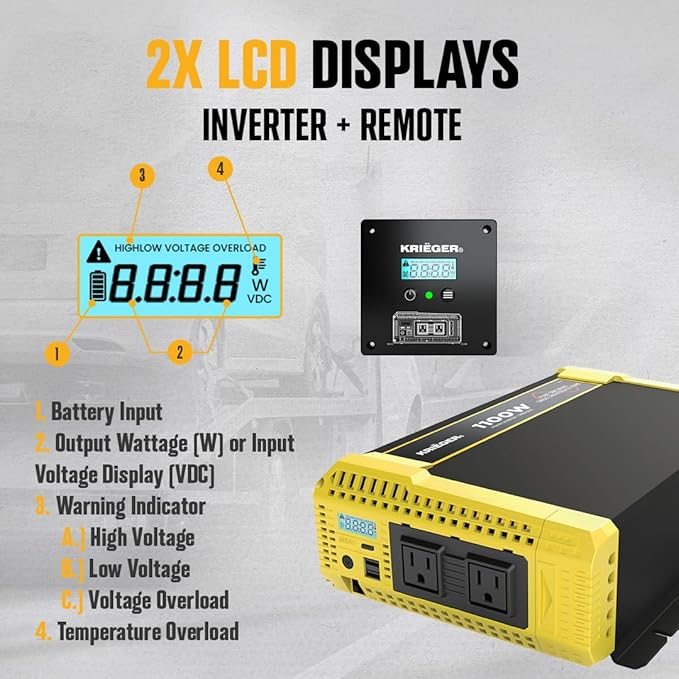 K KRIËGER 1100W Pure Sine Wave Inverter 12V DC to 120V AC Converter for Home, RV, Truck, Off-Grid Solar Power 12V to 110V with Built-in 5V/2.1A USB Port, AC Hardwire Port, Remote Controller