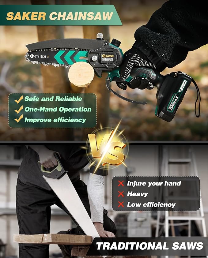 Saker Mini Chainsaw with Auto Oiler|6 Inch Chainsaws[2025 Upgraded]|Mini Cordless Electric Chain Saw|Small Handheld Portable Chainsaw Battery Powered for Tree Trimmer and Garden 1 Battery+2 Chains