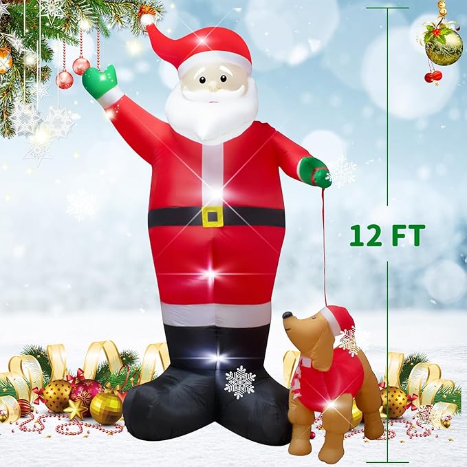 12 Foot Inflatable Christmas Santa Claus with Dog Outdoor Decoration LED Lights Blow up Santa Claus for Lawn Garden Christmas Party Holiday Decor Easy Setup and Storage