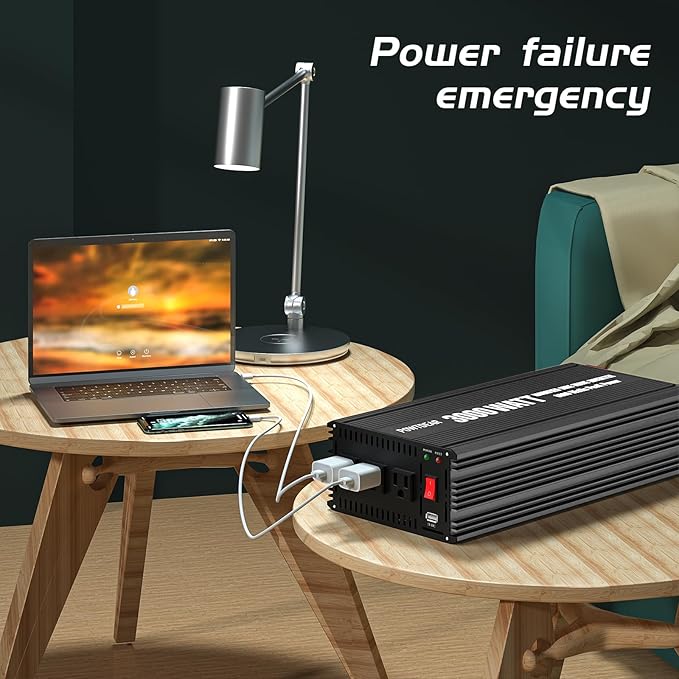 Power Inverter 3000 Watt, Power Converter 3000W DC 12V to 110V AC Car Inverter with 2.4A USB Ports 3 AC Outlets, Black