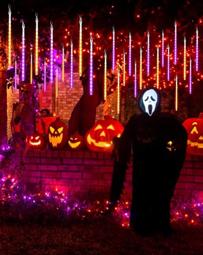 Halloween Lights Outdoor 20 Tubes 480 LED Raindrop Meteor Shower Icicle Lights with Timer Function Cascading Light Falling Rain Light for Halloween Orange Purple
