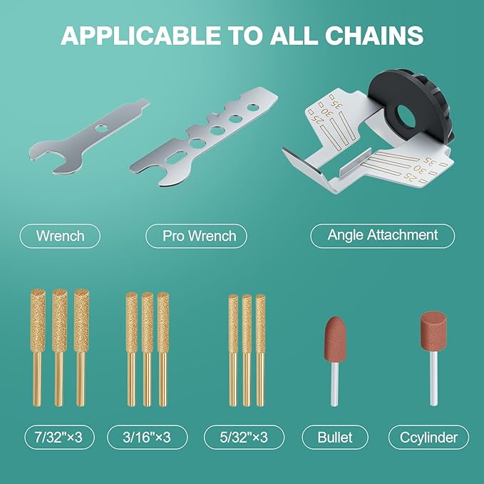 Electric Chainsaw Sharpener Kit Adjustable Speed Chainsaw Chain Sharpener with 9 Titanium Coated Diamond Files for All Chainsaw Chain Sizes