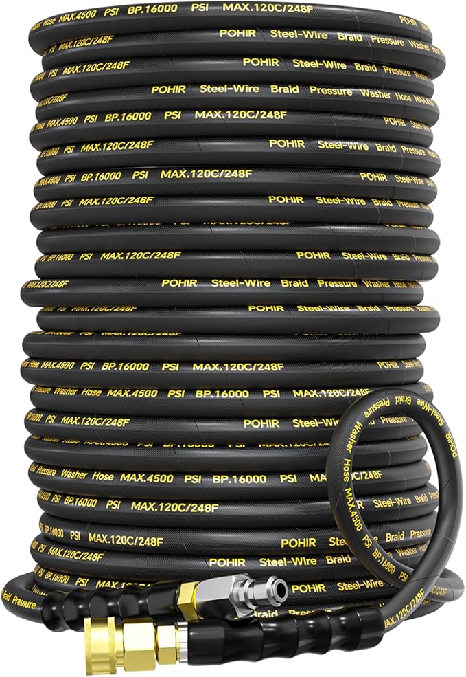 POHIR 100FT Pressure Washer Hose 4500PSI, Power Washer Hose Steel Wire Braided 3/8'' Swivel Quick Connect, 5/16'' ID. Commercial Grade Industrial High Pressure Water Washing Hose